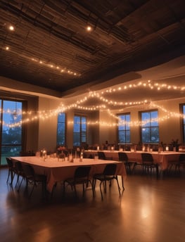 An outdoor event space is decorated with draped white fabric, tables, and chairs under a canopy. Green lighting illuminates the surrounding greenery, creating a vibrant atmosphere. Several people are visible in the background, suggesting a social gathering.