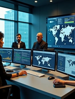 a group of people sitting at a desk with computers