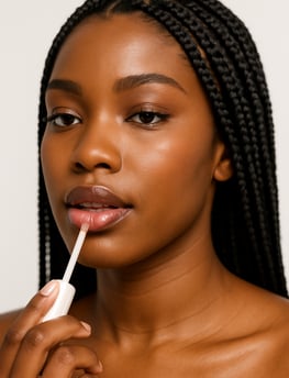 A black woman with braids applying lip gloss