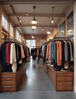 A man wearing a brown fedora and a patterned scarf is browsing through a rack of vintage-style jackets and coats. The setting appears to be a market or a store with various garments on hangers and in the background. Another person is visible, also looking at the clothing, adding to the atmosphere of searching and exploration.