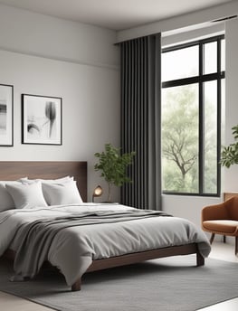 A multi-story residential building with a modern architectural design. The structure features several balconies, each with metal railing, and a flat roof with greenery visible. The facade is painted in a uniform gray tone, and a street light is positioned at the corner. Windows vary between open and covered with shutters.