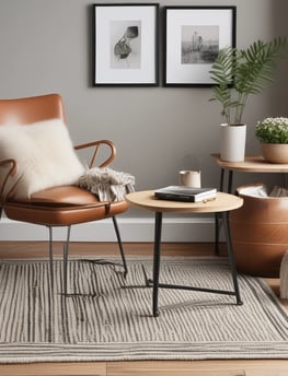 A stylish composition featuring fashion accessories on and around a white round table. There are chic red high-heeled shoes placed on the table next to sunglasses and magazines. On the floor lies a pair of rugged tan boots, and a black leather jacket is draped over the chair. This setup is placed on a textured beige rug, adding warmth to the scene.