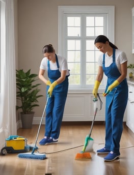 A person in a cleaning uniform is pushing a floor cleaning machine in front of a large wall made of blue-tinted glass blocks. The shadowed silhouette of another person is visible in the foreground, captured mid-step, creating a dynamic sense of motion.