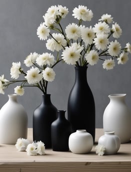 Two large, textured, white ceramic vases are placed on a wooden floor beside a dark, geometrically patterned cabinet. A small ornate vase sits on top of the cabinet, adding to the minimalist decor. The background is a plain, light-colored wall.