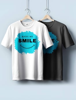 Awesome graphic-designed t-shirts with a 'Make Me Smile' slogan by Desynco, displayed on hooks.