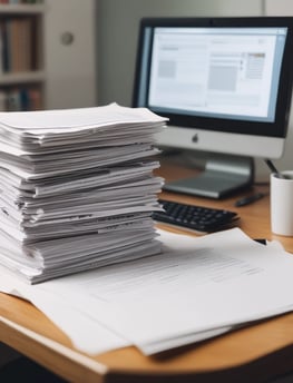 A stack of papers on a desk with a computer in the background