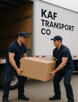 Two delivery professionals lifting a large box from truck — careful handling for high-value freight.