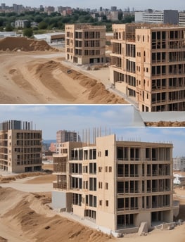 A construction site with several large, modern-looking residential buildings. The landscape in the background shows green fields and distant settlements. There is a swimming pool and a basketball court within the complex. Trees line the edges of the site.