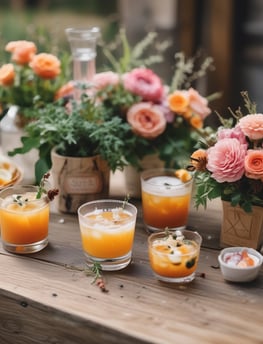 A mobile bar cart is positioned in front of a decorative wall with shelves, featuring a variety of colorful beverage dispensers lined up on top. The wall has a geometric pattern and is adorned with round, vibrant art pieces. Hanging above is a modern light fixture with multiple bulbs, casting a warm glow.