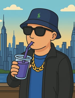 Cartoonartige Darstellung von Hustensaft Jüngling mit Sonnenbrille, stehend vor Stadtpanorama bei Sonnenuntergang, trinkt lil