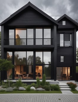 An old wooden house with a brown tiled roof stands in front of two modern high-rise apartment buildings. The house has a weathered appearance with a small window, and there is a 'for sale' sign on the side. The modern buildings behind are much taller, with multiple balconies and windows. The sky is a clear blue.
