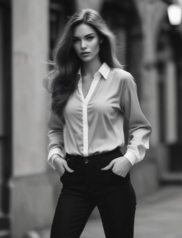 A person with long blonde hair and dark lipstick is leaning back on a large rock. They are wearing a dark outfit with a design on the chest and have rings on their fingers. The background features a stone wall with an industrial, urban feel.