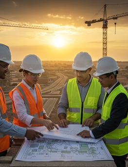 a group of people standing around a table with a map