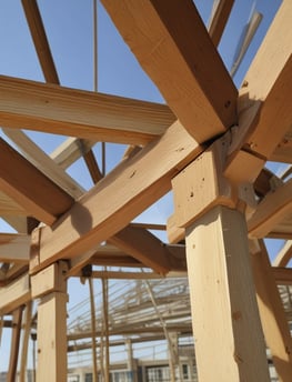 A construction scene with workers building a multi-story wooden structure. Two people are on the roof and another is on a lift, all actively engaged in the building process. The unfinished structure has exposed wooden frames and large window openings.