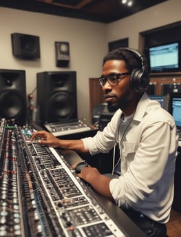 A person wearing glasses is deeply focused on a computer screen displaying audio editing software. The screen shows waveforms and various controls while the room has a dim, professional atmosphere.