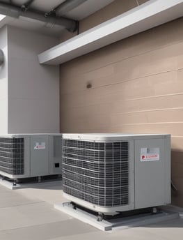 A row of air conditioning units is installed on the rooftop of a building. A person, wearing a hat, is working on one of the units. The building has several ventilators and metal ducts extending from it. The sky is clear and blue.