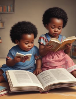 Five young children appear to be reading from various colorful books with illustrations on the covers. The children are seated closely together, engrossed in their books. Each child has distinct hair color and expression, contributing to a playful and whimsical atmosphere.