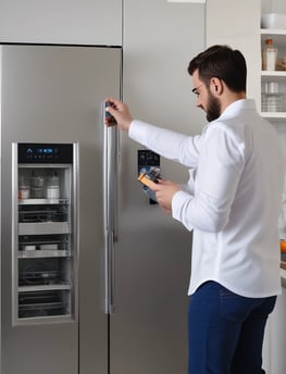 a man in a white shirt is holding a multimeter to test the refrigerator