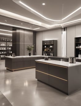 A retail store interior displaying modern electronic devices on white shelves. The walls are accented with pink lighting, and products from Samsung are prominently featured. In the foreground, several smartphones are showcased on stands, with various accessories visible on racks. The space is sleek and well-organized, emphasizing a contemporary technology theme.