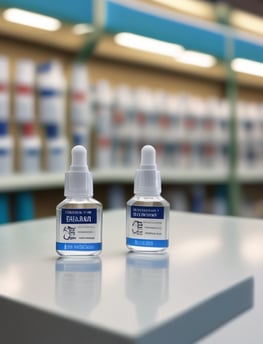 A brown dropper bottle labeled 'Medik8 C-Tetra Luxe' is positioned next to a pair of gold hoop earrings on a light surface. The arrangement casts soft shadows, and the light reflects on the metallic surface of the earrings.