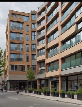 A modern multi-story building with numerous windows, featuring a central entrance labeled 'Leasing Office'. A pathway leads up to the entrance, bordered by manicured plants and palm trees. A zebra crossing stretches across the asphalt road in front of the building.