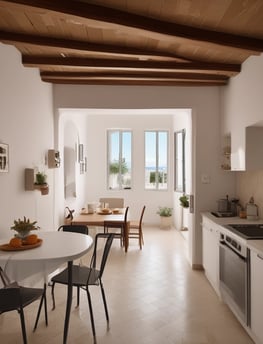 A multi-story building with a slightly aged facade. The middle floor has a window with a warm light illuminating the interior, suggesting someone is home. A sign is displayed on the balcony above, indicating the property might be for rent or sale. The building is situated on a narrow street between similar structures with visible street signage.