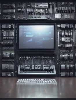 A modern desk setup featuring a camera lens, a tablet displaying an interface with app icons, a pair of earbuds in an open charging case, and a book titled 'Wireless and Mobile Device Security' on a shelf below.