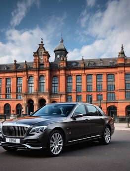 The front of a luxury car featuring a prominent grille and a small statue on the hood. A decorative white ribbon is attached to the hood, signifying that the vehicle is likely used for a wedding. The license plate reads 'QUEENS' and indicates a wedding car hire service.