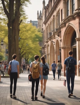 A classroom scene where a student seated at a desk is using a tablet with an external keyboard. The student is wearing headphones. In the background, other students are also using tablets and working at their desks. The classroom has educational posters on the walls and a whiteboard at the front.
