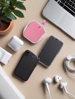 A collection of iPhones and accessories are displayed on a flat surface. The image features several iPhones in different colors, including black, yellow, and mulberry. There is an open phone box containing EarPods and a charging adapter. A box of an iPhone is positioned upright, and there's a small green plant in the corner.