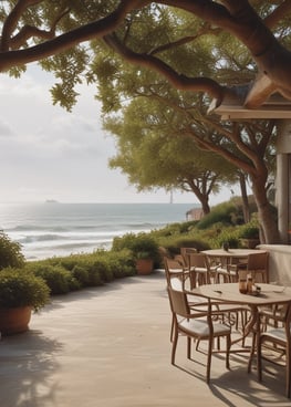 a patio with a table and chairs and umbrellas