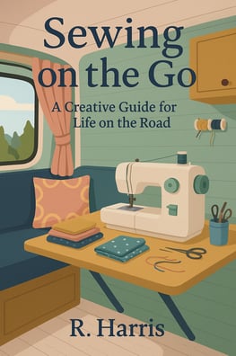 Cover of Sewing on the Go eBook featuring tips and tutorials for compact sewing in RVs, vans, and sm