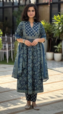 a woman in a blue dress with a blue and white dress