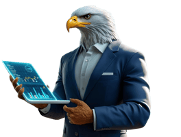 a humanoid bald eagle digital marketing specialist for local businesses in a suit and a laptop