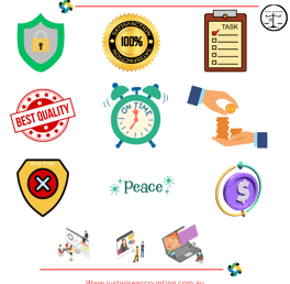 Just Wise Accounting logo and icons representing security, satisfaction, quality, timeliness, peace,