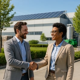 a man and woman shaking hands in front of a building