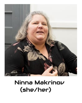 Ninna is a white mid fat middle aged woman. She has natural white hair.