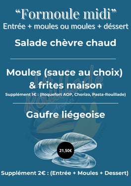 Formule déjeuner avec salade, moules au choix, frites maison et gaufre – La Rouillade Argelès.