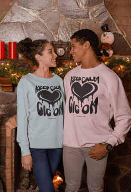 crewneck sweatshirt, keep calm gig on, black heart, groovy retro design, vivid calm design, side gig