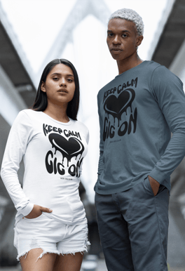 long sleeve tee, keep calm gig on, black heart, groovy retro design, vivid calm designs, side gig