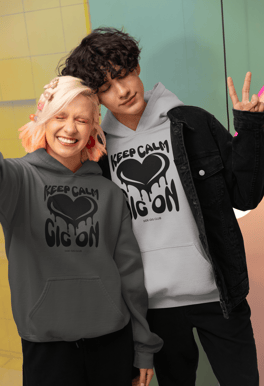 premium hoodie, keep calm gig on, black heart, groovy retro design, vivid calm designs, side gig