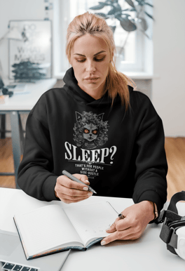 vivid calm designs, side gig club, Sleepless Hustle: No Sleep, Just Sigs, Vivid white, black cat