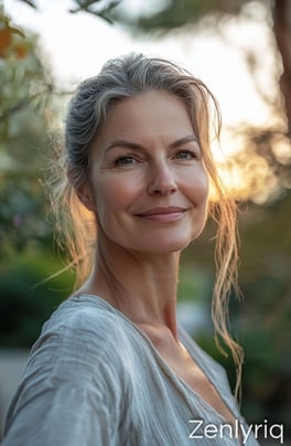 graceful woman with a serene expression and sunlight, representing balance and healthy digestion