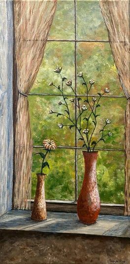 Together on the Sill, 2024, Acrylic on canvas, 20 x 10 x 5/8 inches  $330  SOLD