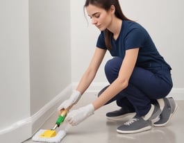 a woman in overalls and overalls cleaning a hardwood floor