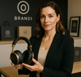 a woman in a black blazer jacket and headphones