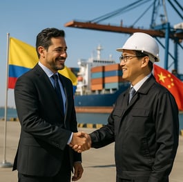 two men shaking hands in front of a large ship