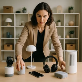 a woman in a suit and headphones is holding a smart device