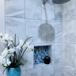 Mosaic tile in shower nook in Sunnyvale bathroom remodel