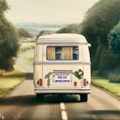 just married license plate on cute honeymoon camper van